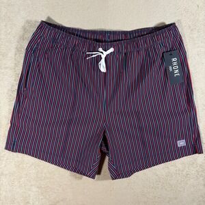 RHONE 5.5" R&R Swim Trunks Mens Large Goji Berry/Navy/White Stripe NWT